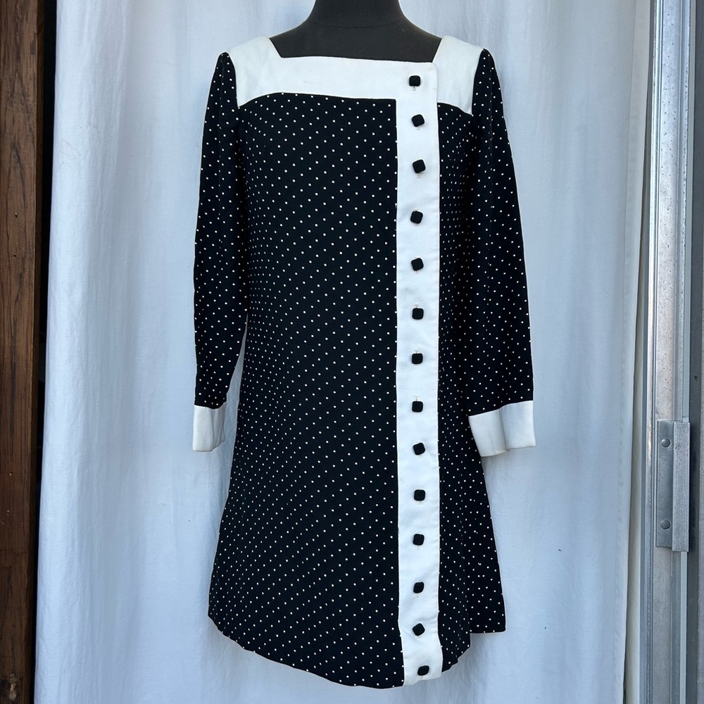 Vintage 70s Corky Craig California Black & White Polka Dot Shift Dress, Preppy